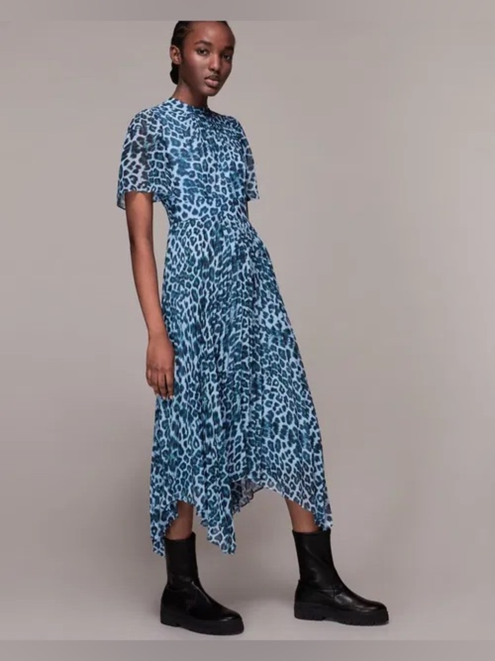 Whistles Jungle Cheetah Pleated Dress in blue and black size 8